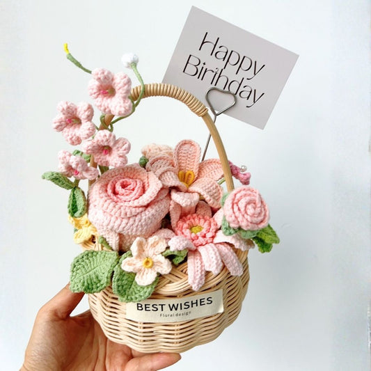 Handmade Crochet Flower Bouquet in Woven Basket - Everlasting Pink Rose & Daisy Birthday Gift