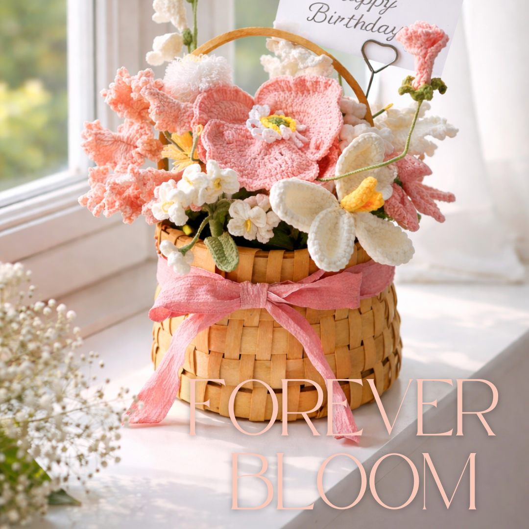 "Petal Whisper" Blushing Pink Everlasting Crochet Flower Basket