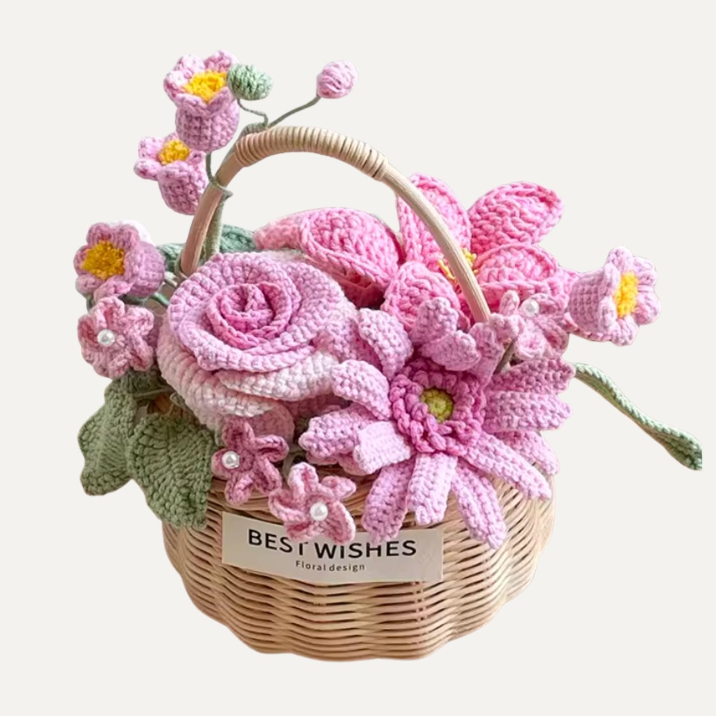 Handmade Crochet Flower Bouquet in Woven Basket - Everlasting Pink Rose & Daisy Birthday Gift